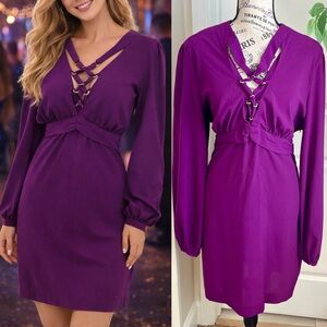 Rampage Y2K Lace-Up Long Sleeve Empire Waist Dress Purple Sz XL